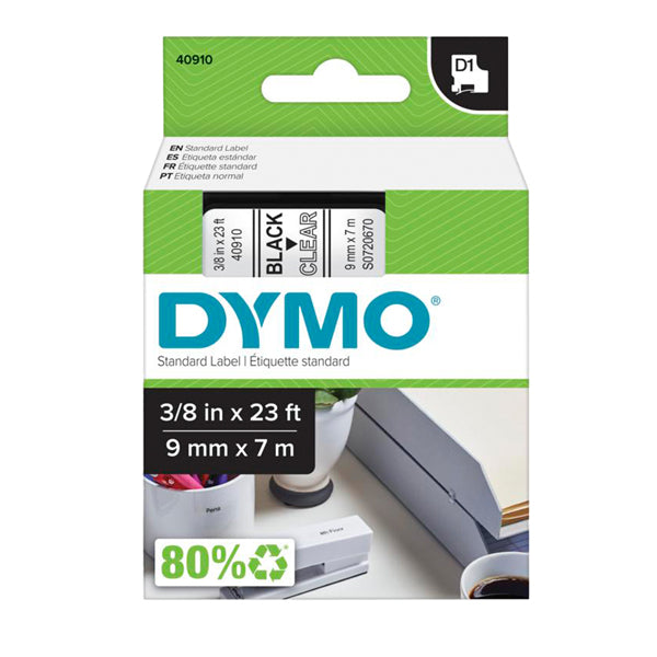 DYMO S0720670 Nastro Standard D1, 9 mm x 7 m, Nero su Trasparente