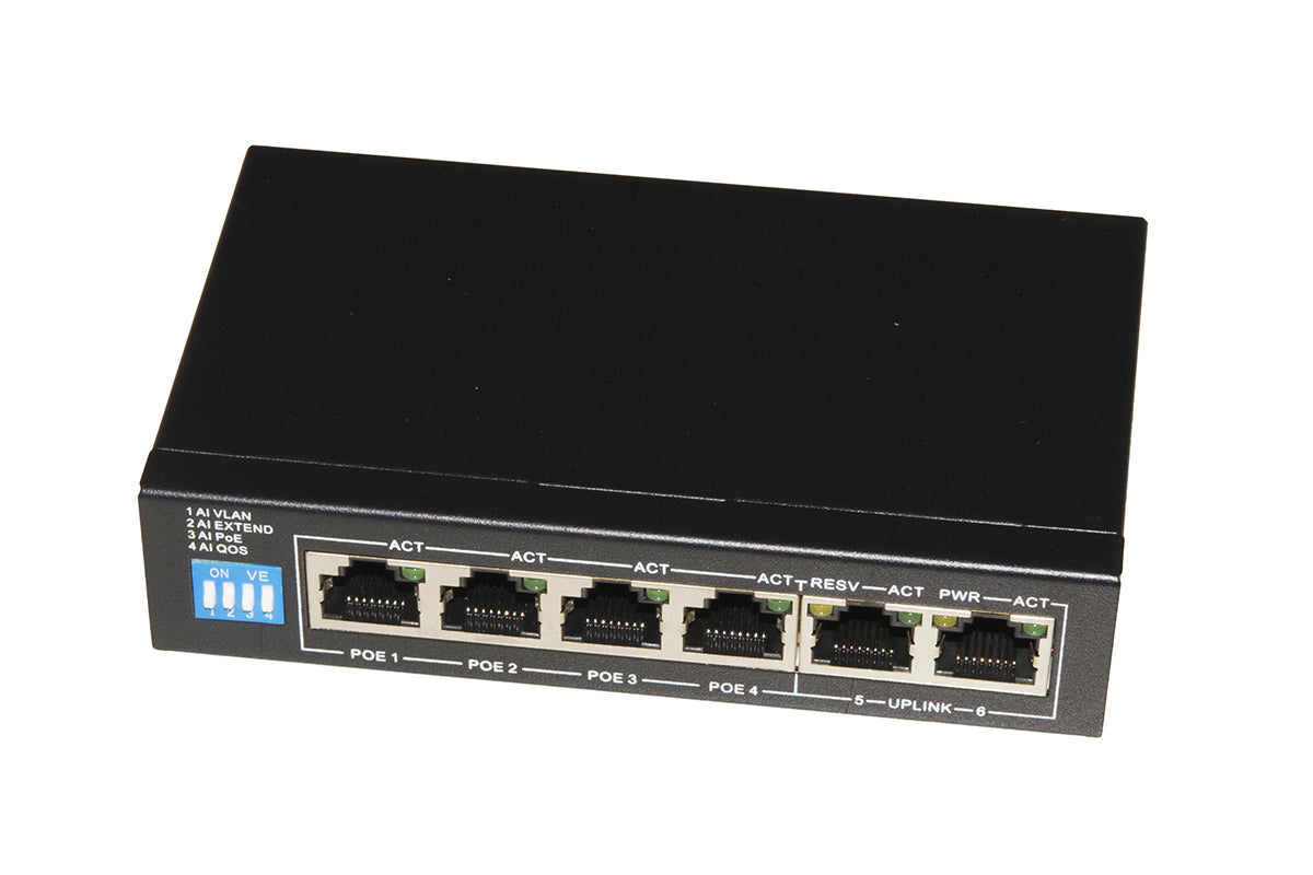 SWITCH DI RETE POE 60 WATT GIGABIT 10/100/1000 4 PORTE POE+ E 2 PORTE UPLINK CON FUNZIONI AI POE, QOS, EXTEND, VLAN